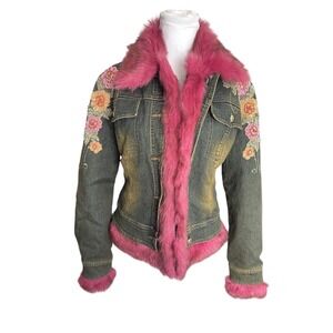 Vintage Y2k Kaity Embellished Beaded Floral Denim Jacket Faux Fur Trim Sz L Boho